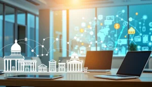 Visualize core banking integration for lending platforms with connected financial institutions and flowing data.