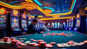 Experience thrilling slot deposit pulsa gameplay with vibrant casino machines and excited players.