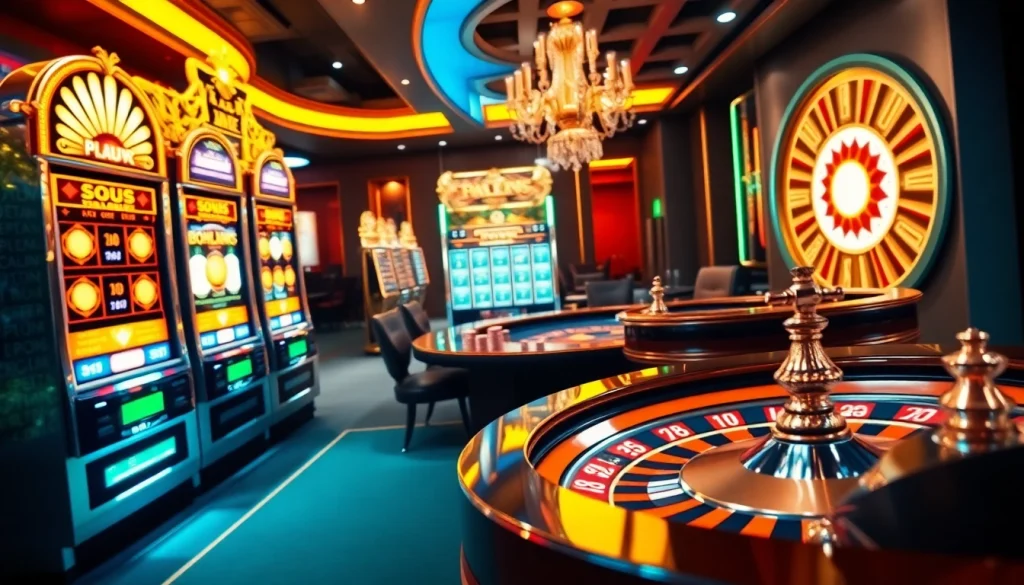 Terlibat dalam gameplay slot deposit pulsa yang dinamis pada antarmuka kasino online mewah, menampilkan simbol kemenangan dan keping poker.