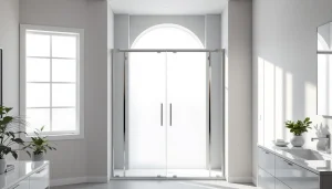 Showcasing elegant shower doors with sleek glass and chrome framing in a modern bathroom.