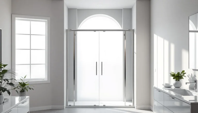 Showcasing elegant shower doors with sleek glass and chrome framing in a modern bathroom.