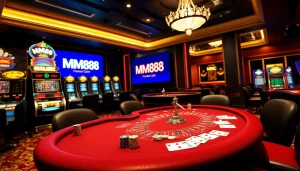 Experience the excitement of MM88 gaming with luxurious tables and vibrant casino elements.