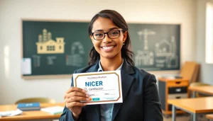 Celebrate nccer certification achievement with a confident individual showcasing their badge in a classroom.
