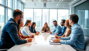 Engaged professionals discussing strategies for a sales recruiting platform.