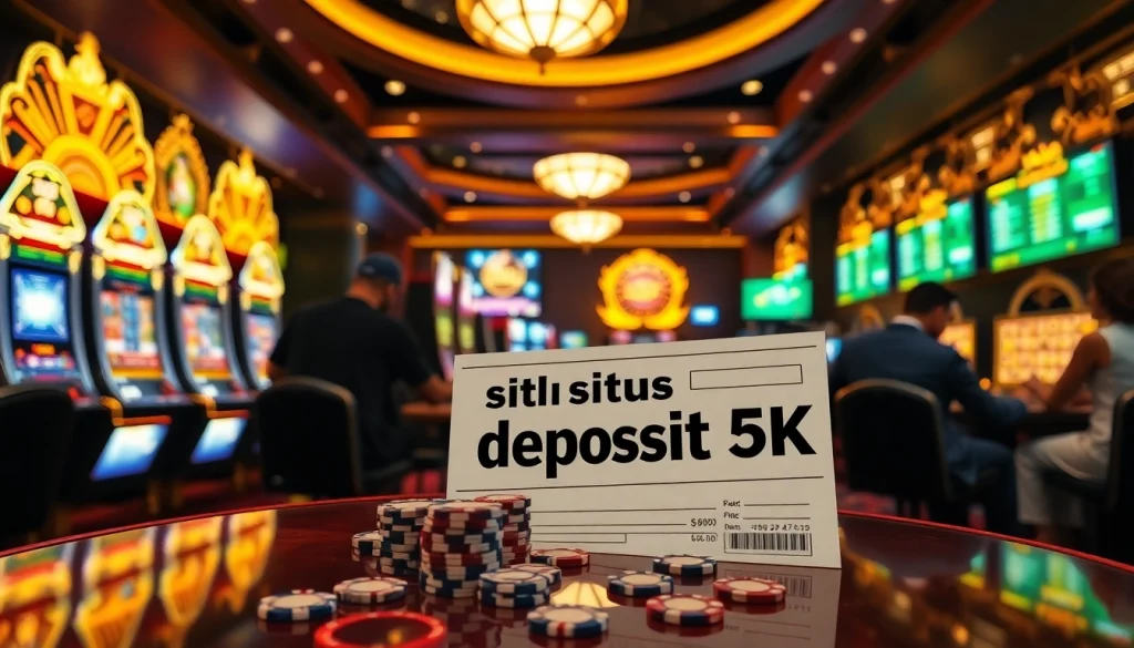 Exciting casino scene featuring situs deposit 5k on a betting slip, with players at slot machines.