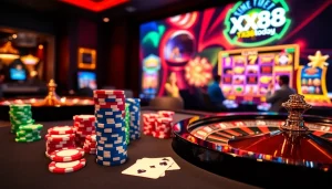 Enjoying a captivating online gaming experience at https://xx88.today/ with vibrant poker chips and a roulette wheel.