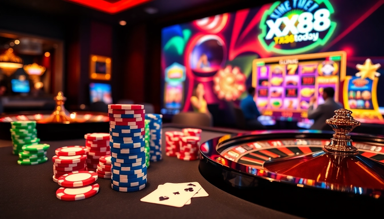Enjoying a captivating online gaming experience at https://xx88.today/ with vibrant poker chips and a roulette wheel.