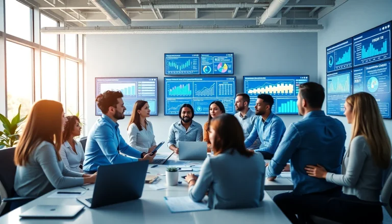 Digital marketing company team collaborating in a modern office environment.