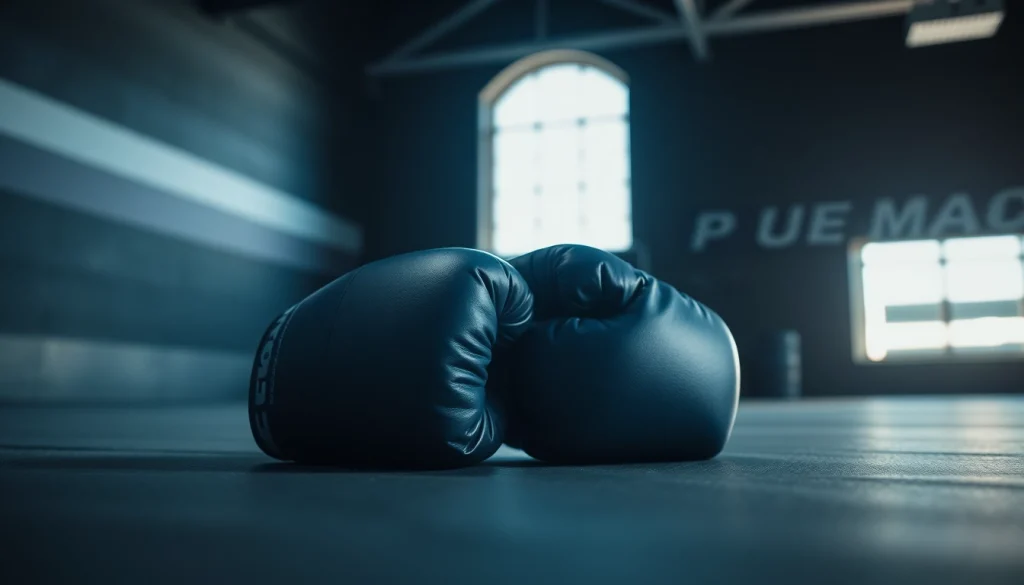 MMA gloves resting on a training mat with detailed craftsmanship, ready for action.