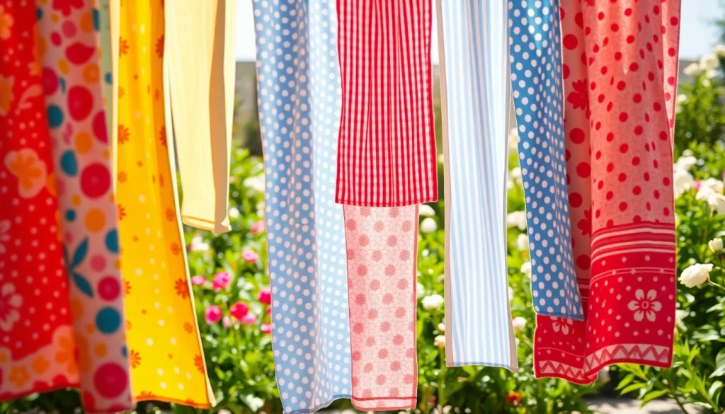 Katoen stof wassen: prachtige, frisse katoenen stoffen in de zon drogend.