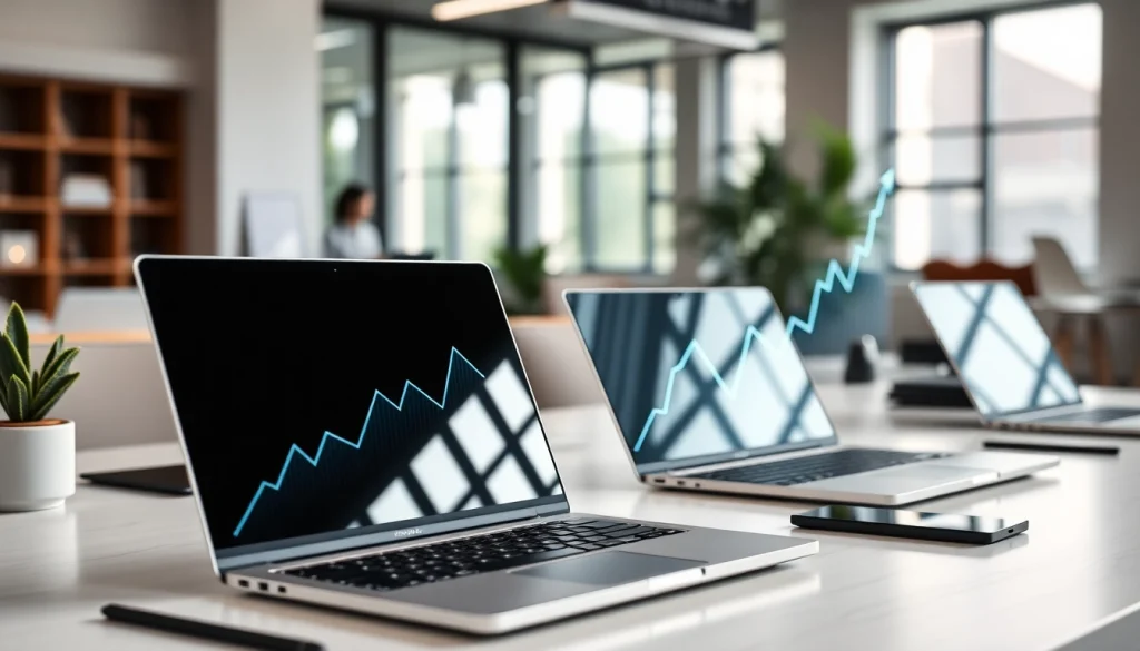 Laptopy drożeją laptopy w nowoczesnym biurze z wykresem przedstawiającym wzrost cen.