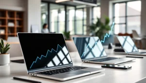 Laptopy drożeją laptopy w nowoczesnym biurze z wykresem przedstawiającym wzrost cen.