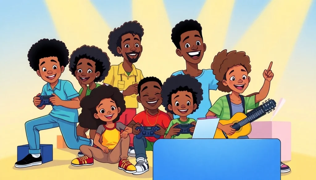 Celebrating African American Cartoons with vibrant characters in a lively, colorful setting.