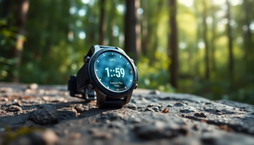 Attain your fitness goals with the Explorer Plus GPS Smart Watch showcasing its sleek design in nature.