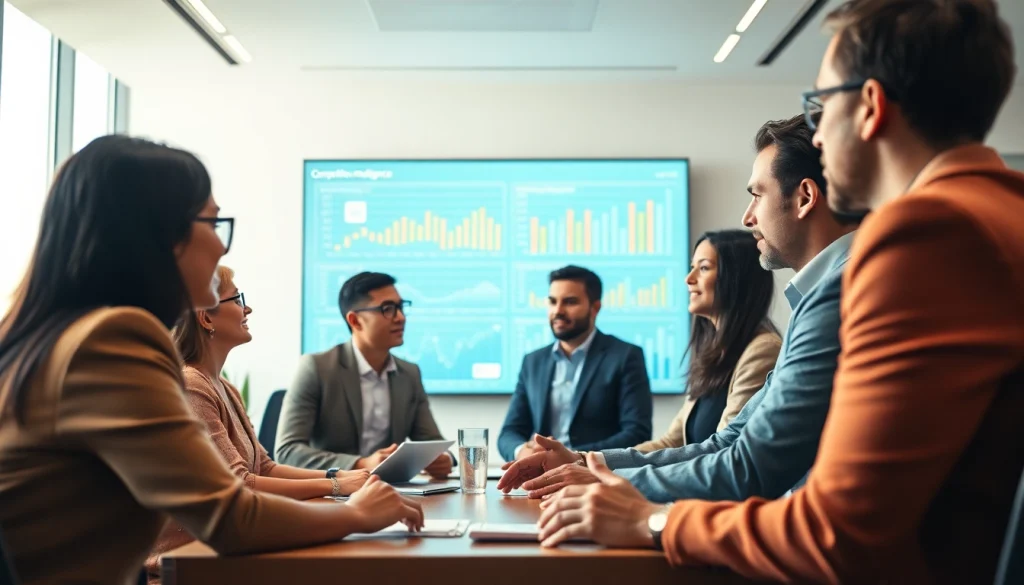 Engaging discussion on competitive intelligence faqs in a modern office with analytics display.