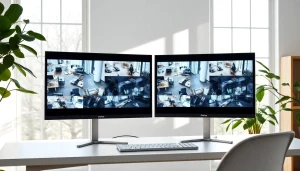 Transmisiones de cámaras Dahua de seguridad en una oficina moderna en casa.