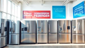 Engaging refrigerator sales display highlighting modern designs and energy-efficient features.