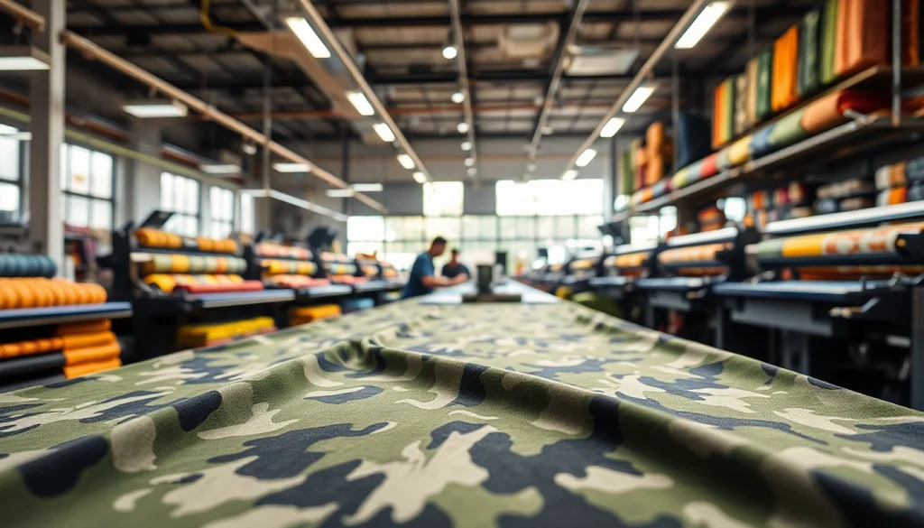 Creëer unieke stukken met army print katoen in een kleurrijke stoffen werkplaats.