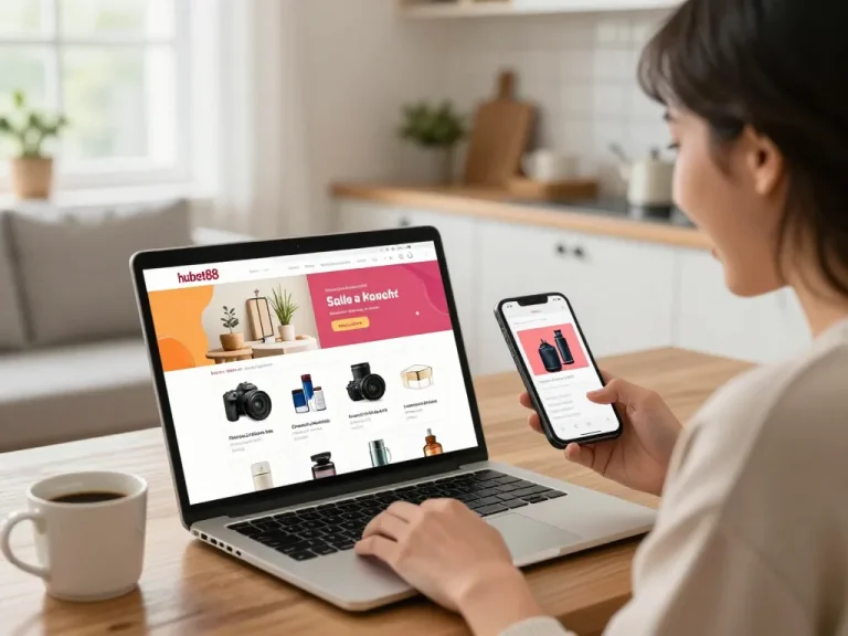 Engaging online shopping scene with hubet88 sale notifications in a cozy home setting