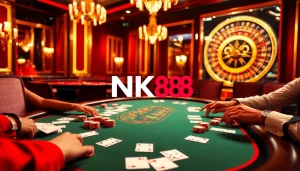 Engaging scene of high-stakes poker players at an NK88 casino table with vibrant chips and cards.