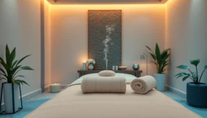 차분한 분위기와 편안한 색상, 릴렉스한 장식이 있는 스웨디시 마사지 환경.