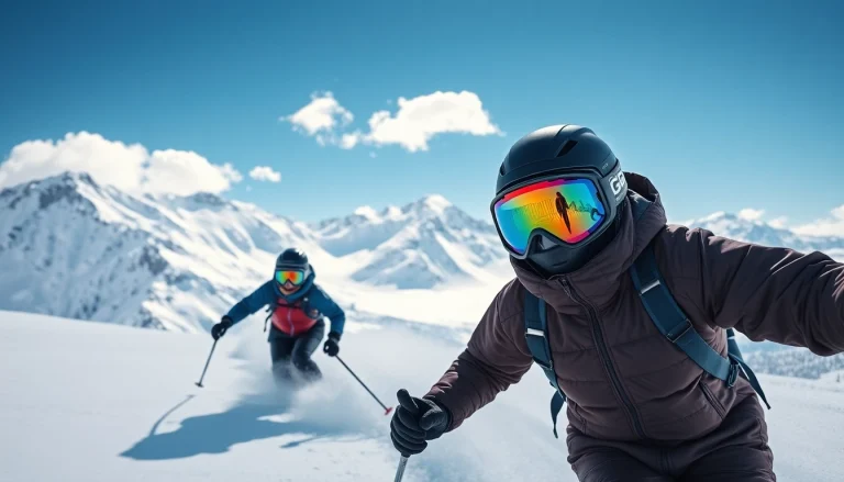 Skiers on a slope wearing giro goggles, showcasing clarity and style in action.