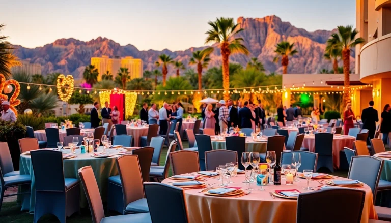 Stunning setup for Event Rentals Las Vegas featuring elegant chairs and tables in a vibrant outdoor venue.