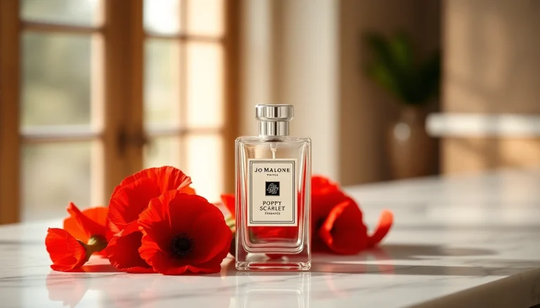 Showcase Jo malone Poppy scarlet fragrance with vibrant blooms and elegant design.