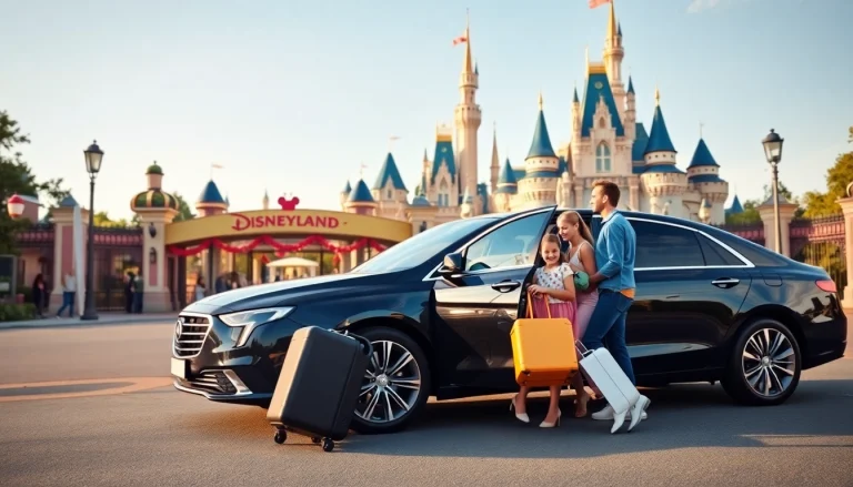 Experience Disneyland Paris airport transfer services with a family arriving excitedly at the park.