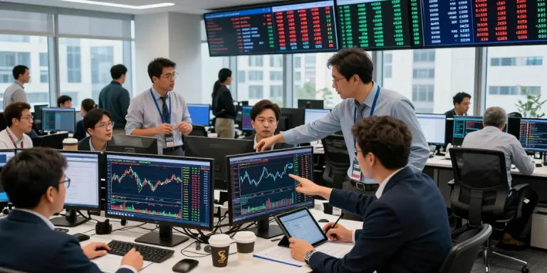 Live forex charts displayed on multiple screens with analysts collaborating in a bustling trading room.